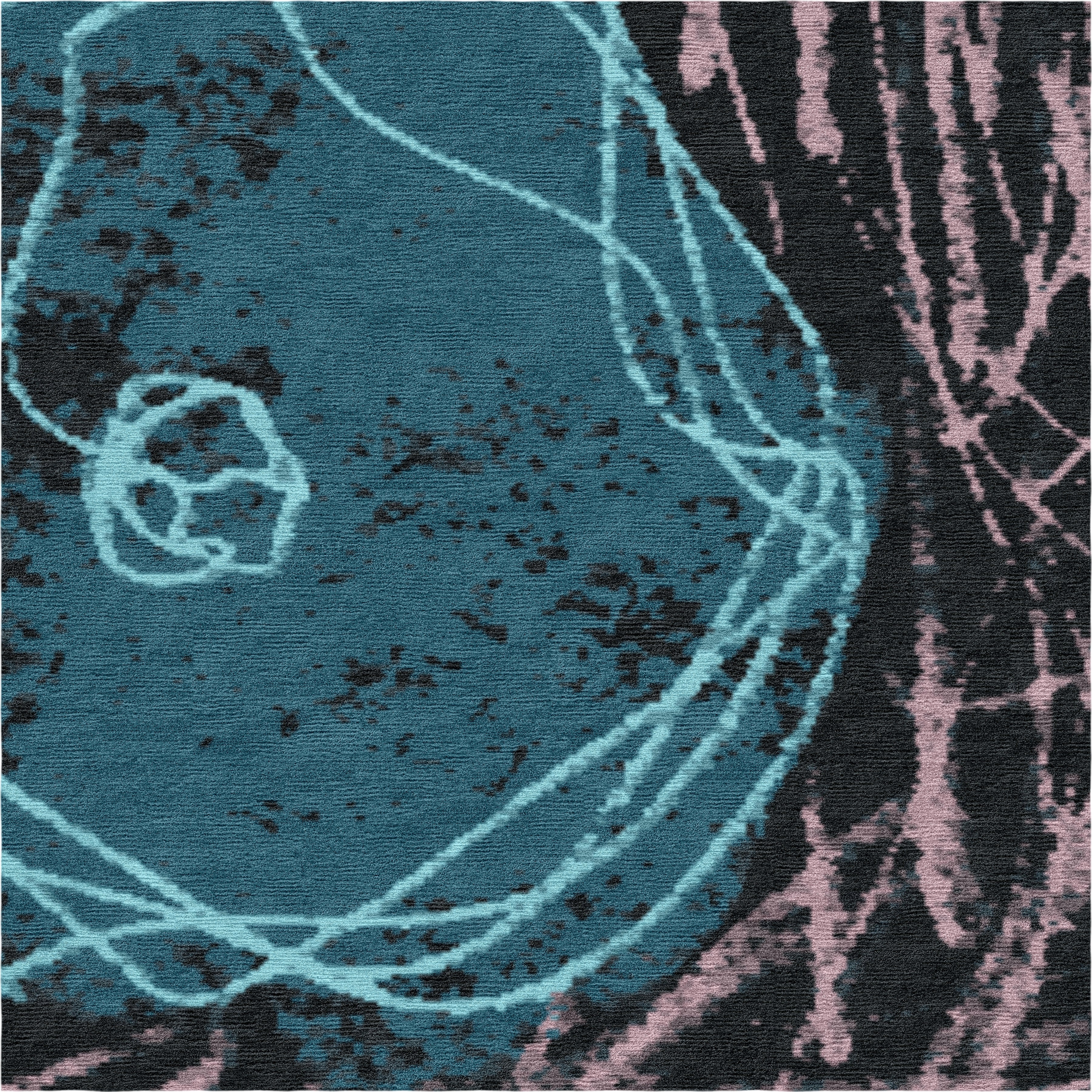 "Room for Ritual" - Blue and Rose Hand-Knotted Floral Rug in