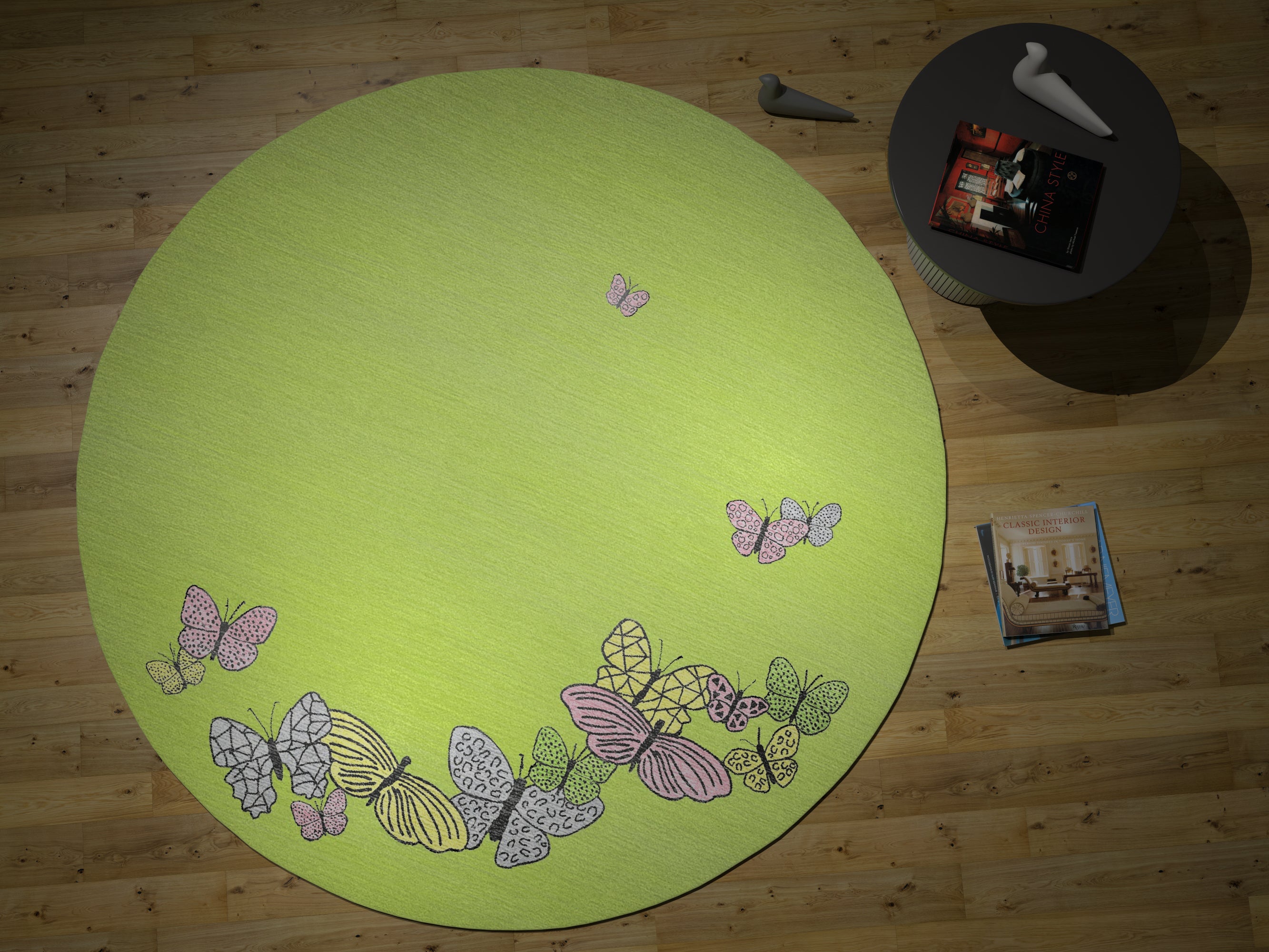 "Spirit in the Sky" - Lime Green Round Butterfly Rug in Wool and - image 5