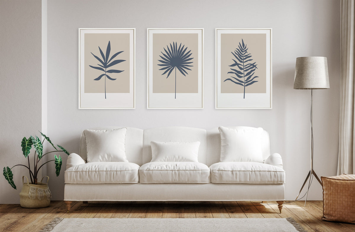 Sylvie Muted Tan and Blue Colorblock Botanical Leaf Framed Canvas by The Creative Bunch Studio
