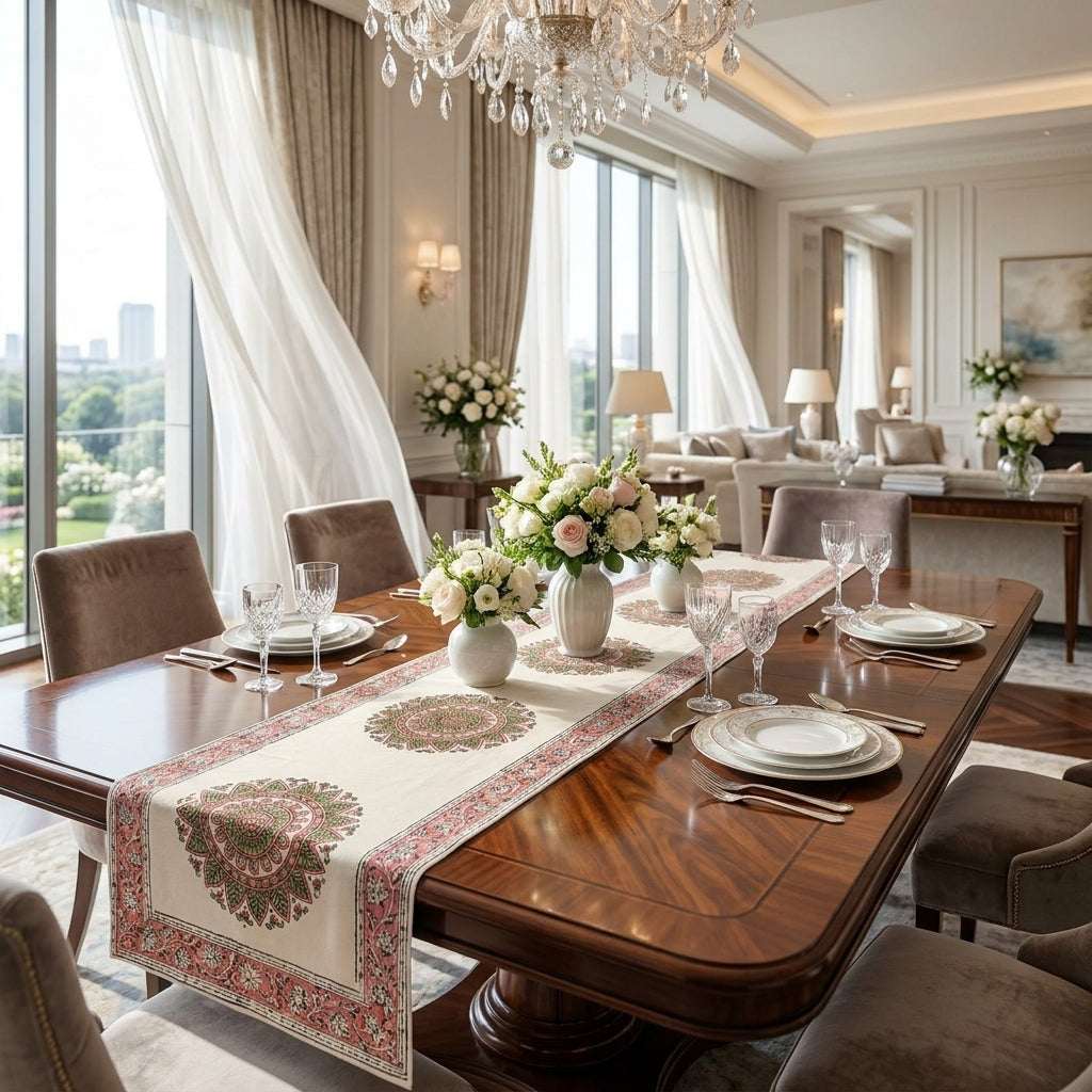 Dusty Rose & Sage Green Mandala Table Linen Set – 13 Piece | Hand Block Printed Cotton | Runner, Placemats & N — House of Avana, view 1 of 10