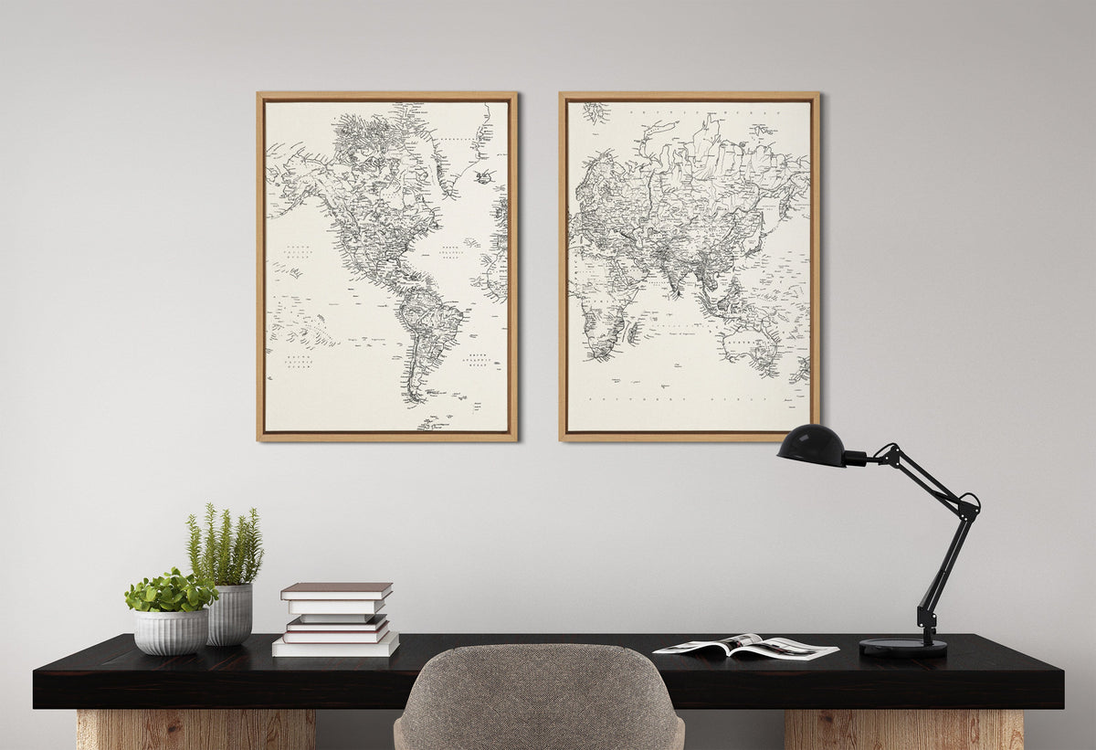 Sylvie Vintage Black and White World Map Framed Canvas Set by The Creative Bunch Studio