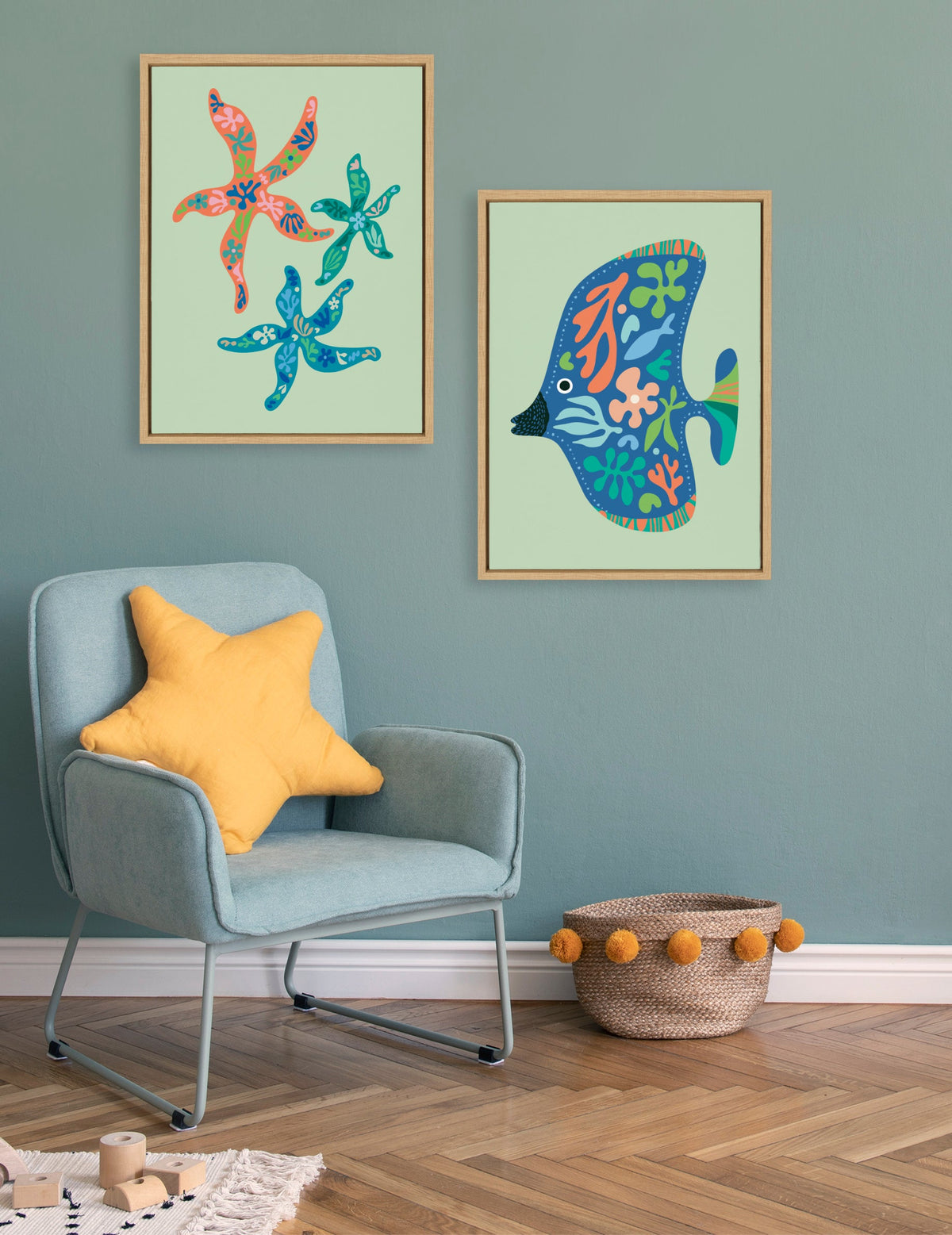Sylvie Modern Colorful Starfish and Modern Colorful Tropical Fish Framed Canvas Art Set by Rachel Lee