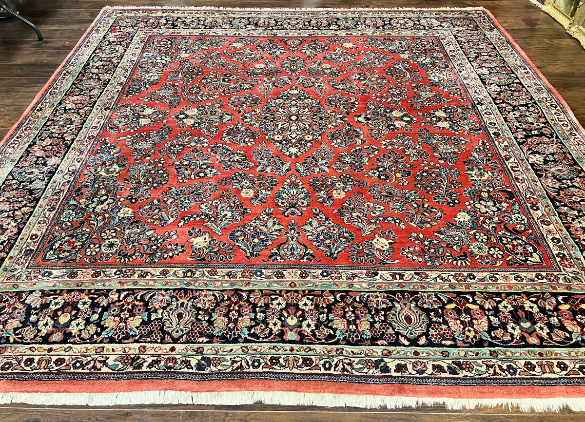 Square Persian Sarouk Rug 11x11 ft, Rare Size, Hand Knotted Wool Floral Allover Red Persian Carpet, Handmade Antique Rug - Jewel Rugs