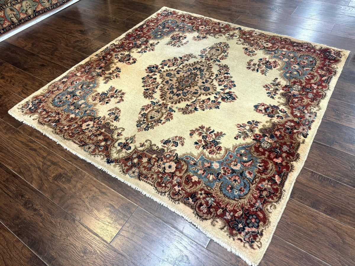 Square Persian Kerman Rug, Beige/Cream and Light Blue, Traditional Persian Rug, 5.5 x 5.5 ft - Jewel Rugs, view 3