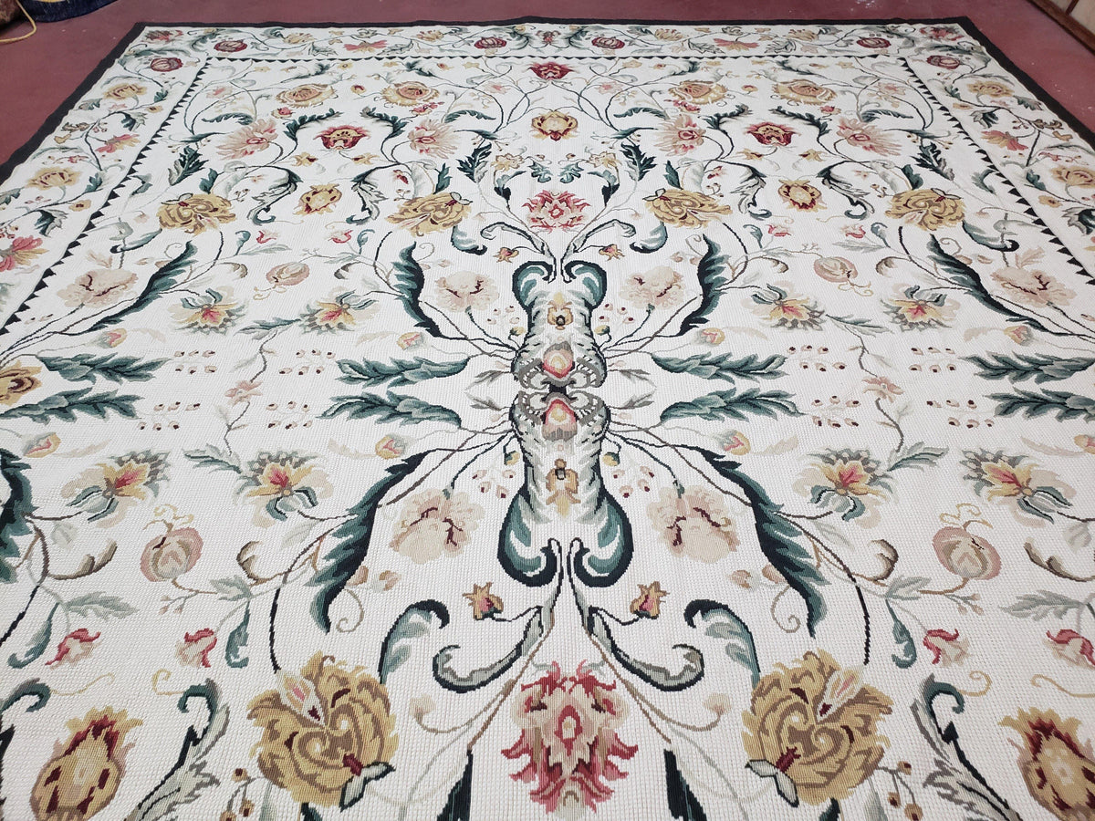 New Needlepoint Rug 9x12, Hand Woven Wool Area Rug, Flatweave Carpet, Handmade Chinese Needlepoint, Floral European Design, Ivory Background - Jewel Rugs, view 13