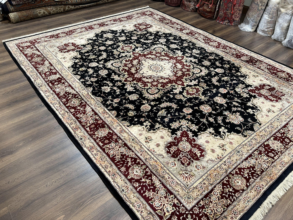 Pak Persian Rug 8.8 x 10.6, Floral Medallion, Wool and Silk Hand Knotted Fine Oriental Carpet, Elegant Rug, Black Gray Burgundy, Room Sized - Jewel Rugs, view 12