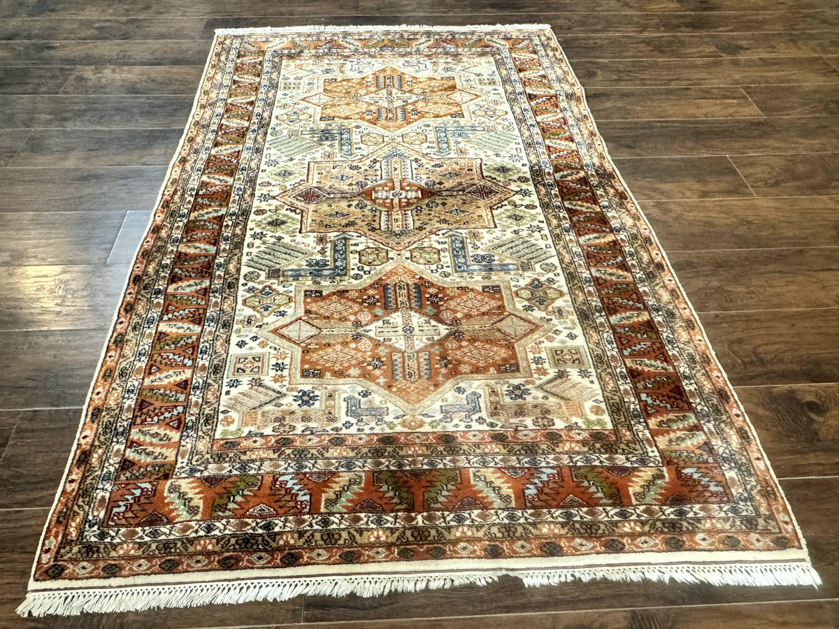 Turkish Kazak Rug 4x6, Geometric Medallions, Vintage Handmade Wool Carpet - Jewel Rugs, view 12