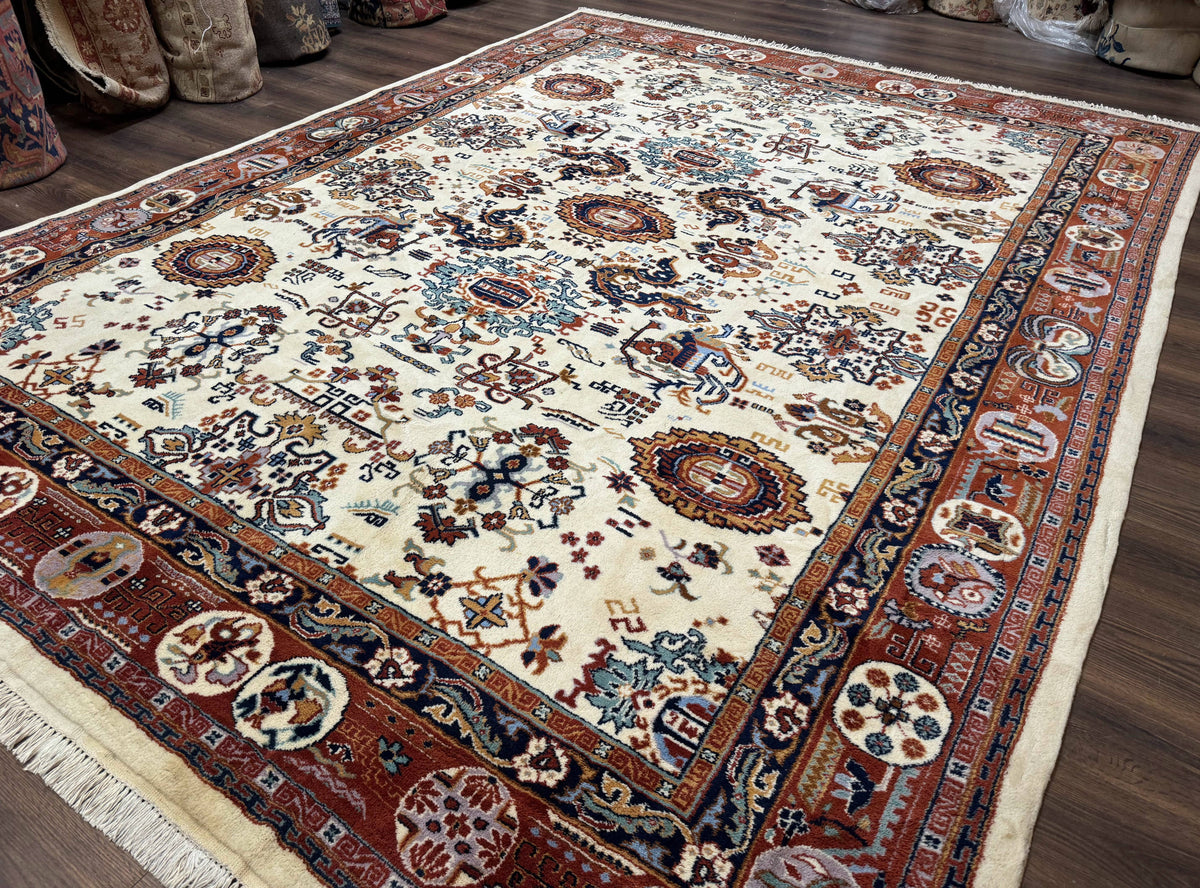 Indo Chinese Wool Rug 9x12, Ivory and Rust Red, Dragon Motifs - Jewel Rugs, view 3
