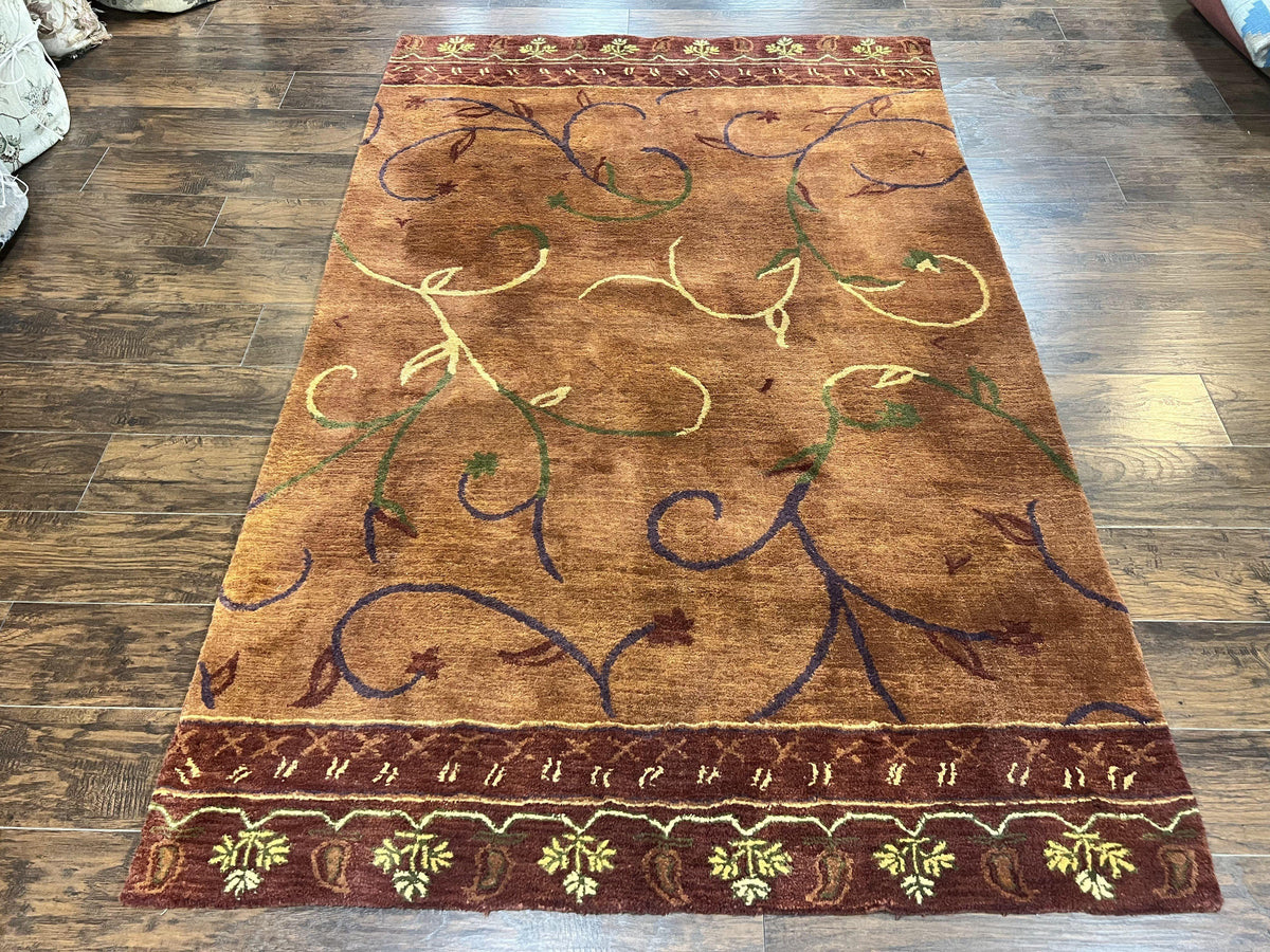 Pottery Barn Rug 5x8, Vintage Hand Tufted Carpet, Wool and Silk, Rust & Maroon - Jewel Rugs, view 2
