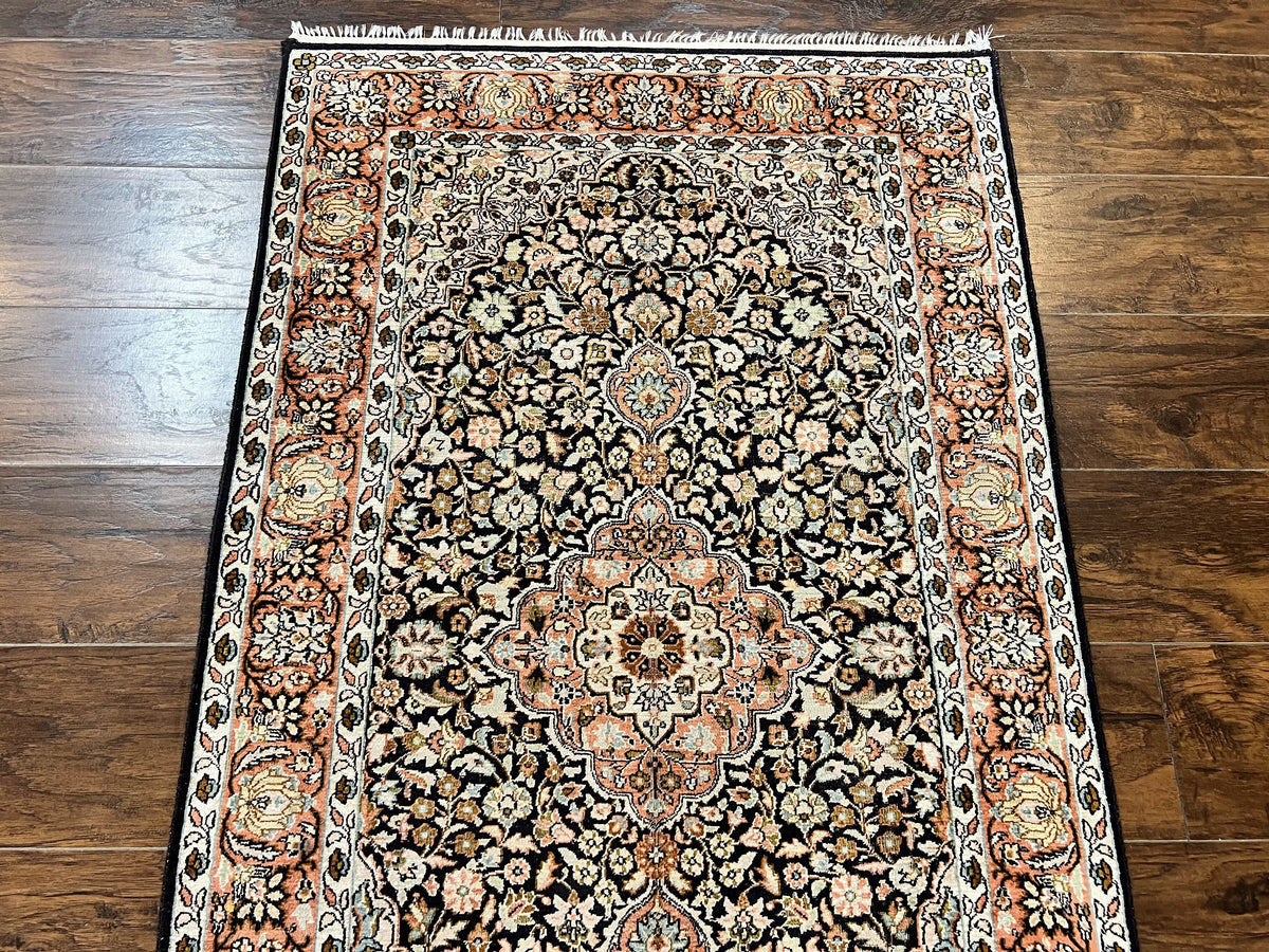 Silk Indian Kashmiri Rug 3x5, Indo Persian Silk on Silk Carpet, Very Fine 350 KPSI, Navy Blue, Handmade, Floral Medallion - Jewel Rugs, view 12