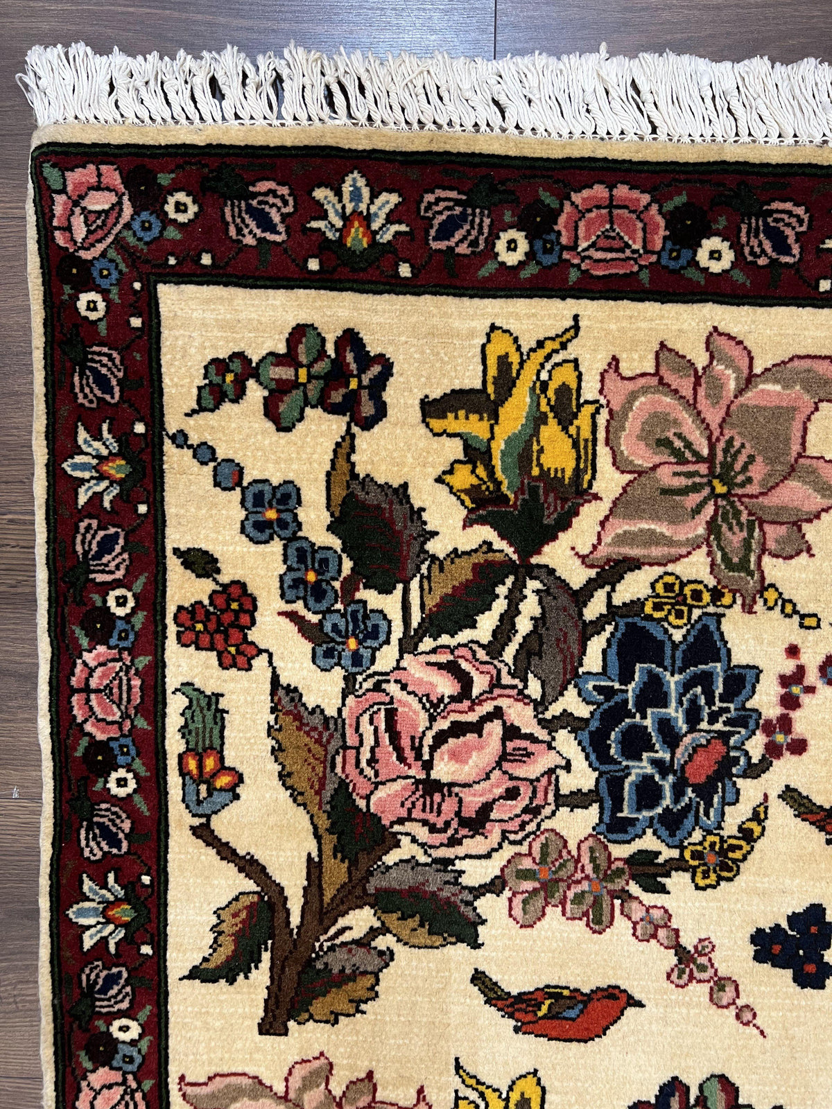 Persian Bidjar Rug 3.6 x 5 ft, Repeated Floral Motifs, Roses and Birds, Cream Burgundy, Fine Wool Oriental Bijar Carpet, Vintage Traditional Area Rug - Jewel Rugs, view 7