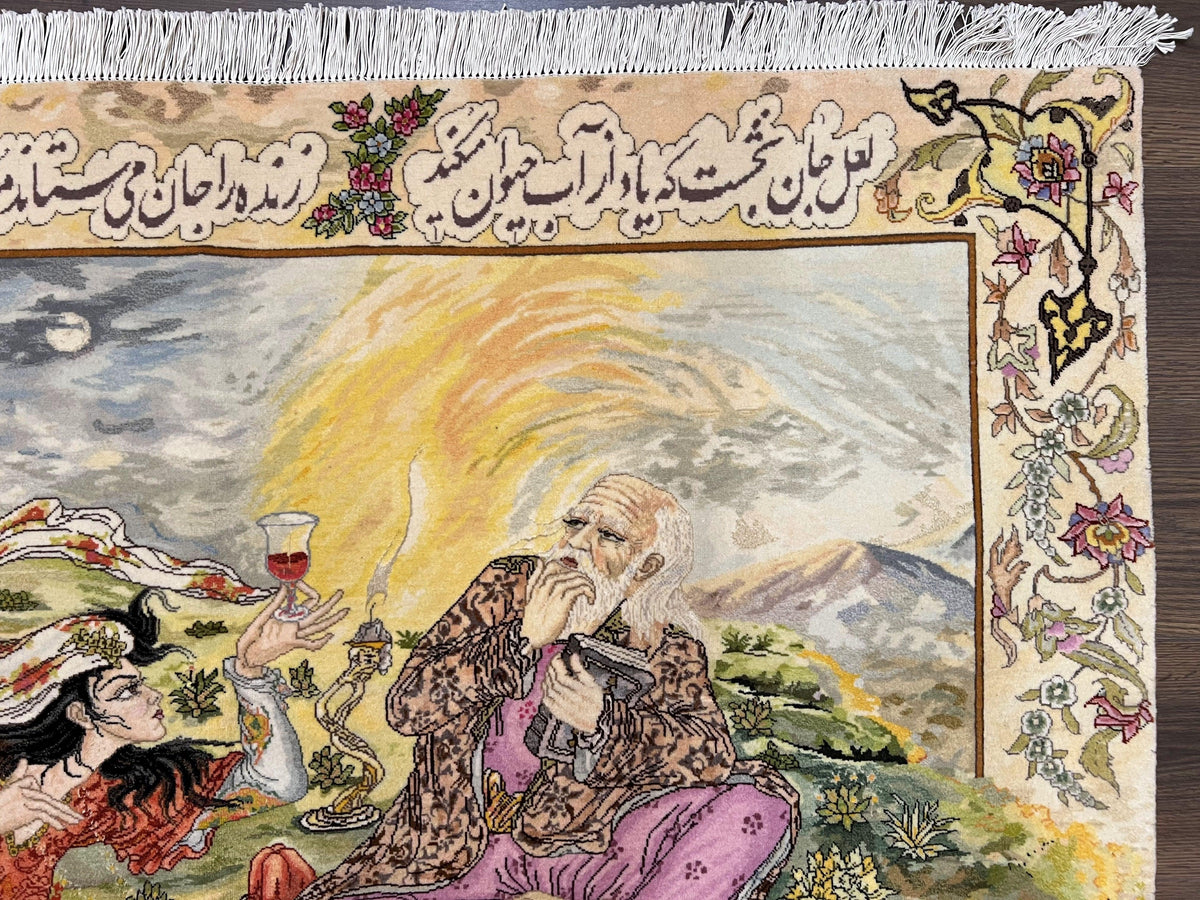 Persian Tabriz Pictorial Rug 5x3, Hafez Poetry In Border, Very Fine Hand Knotted Carpet, Wall Hanging Wool Oriental Carpet 3x5, Highly Detailed - Jewel Rugs, view 7
