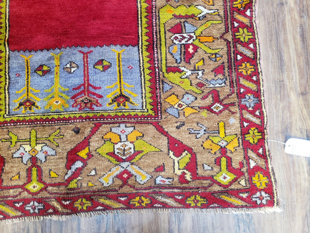 Antique Turkish Prayer Rug 3.8 x 5ft, Colorful Prayer Rug, Red Blue Gold Multicolor Turkish Anatolian Carpet, Handmade Hand-Knotted, Wool - Jewel Rugs, view 10