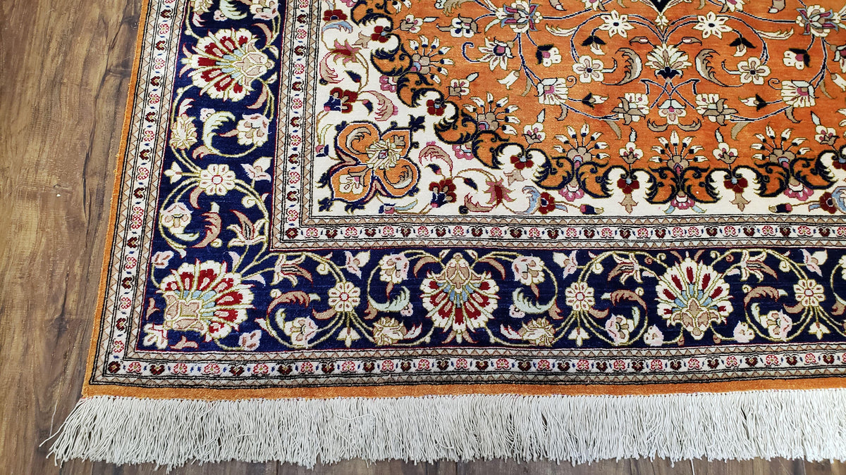 Vintage Persian Qum Silk Rug 4.6 x 6.7, Burnt Orange and Navy Blue, Antique Oriental Very Fine Signature Master Weaver 350+ KPSI Ghom Qom 5x7 Rug - Jewel Rugs, view 12