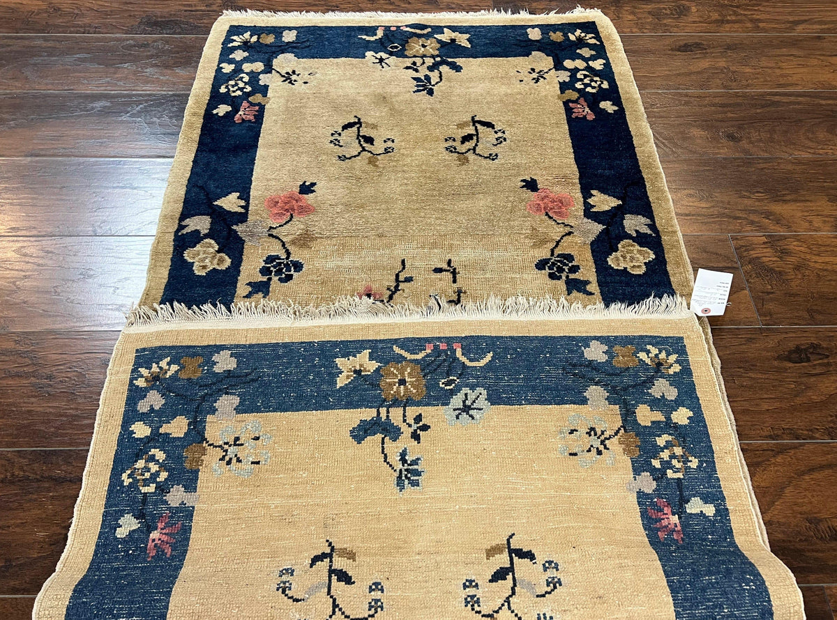 Antique Chinese Peking Rug 3x6, Beige and Dark Blue Hand Knotted Handmade Asian Oriental Carpet, Floral Vases, Vintage Wool Art Deco Rug - Jewel Rugs, view 11
