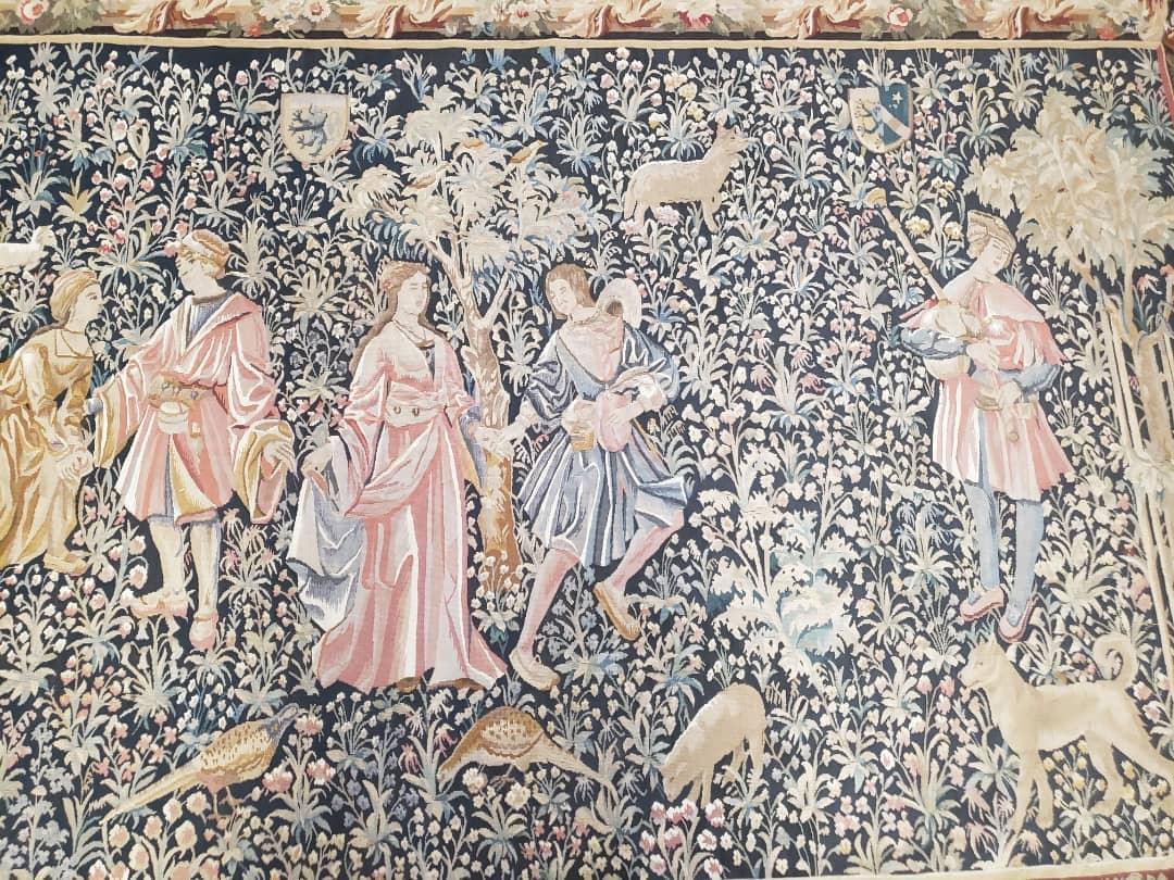 Vintage European Tapestry 5.4 x 7.11, Antique Style European Wall Hanging, Aubusson Weave Handmade Tapestry, Courtship Dating Scene, Animals - Jewel Rugs, view 3