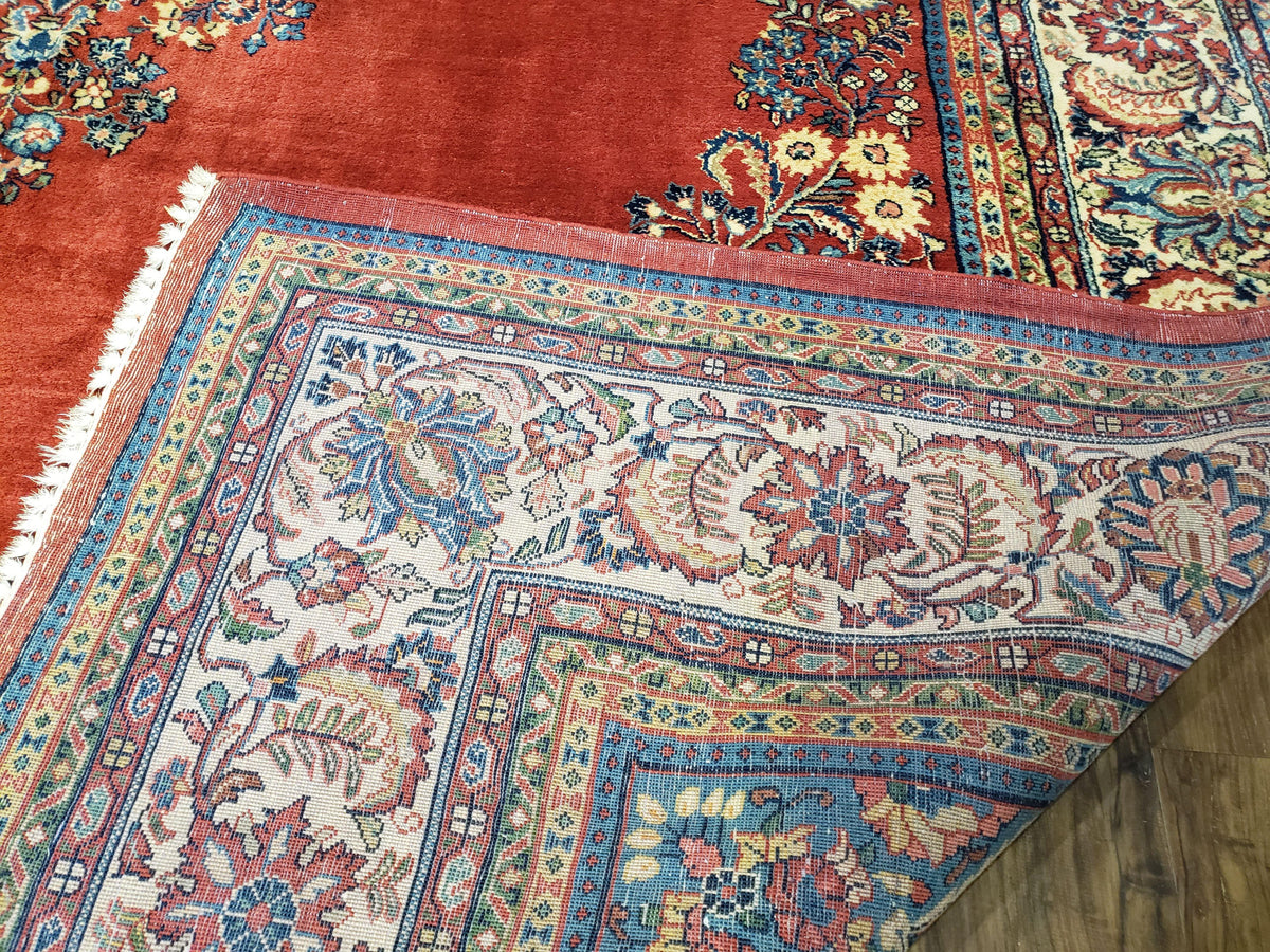 Semi Antique Persian Sarouk Rug 9x12, Semi Open Field with Central Medallion, Hand Knotted Wool, Tomato Red, 9 x 12 Authentic Oriental Carpet - Jewel Rugs, view 11