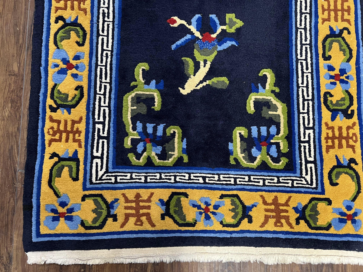 Chinese Art Deco Rug 3 x 5.9, Handmade Chinese Peking Carpet, Dark Blue and Gold, Medallion, Asian Oriental 3x6 Hand Knotted Vintage Rug - Jewel Rugs, view 9
