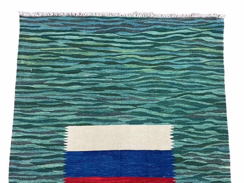 Sea Green Kilim Area Rug, White Blue Red Stripes, Russian Flag Rug, Flatweave Hand Knotted Carpet, Turkish Carpet, Wool, New, 5' 6" x 7' 10" - Jewel Rugs, view 4