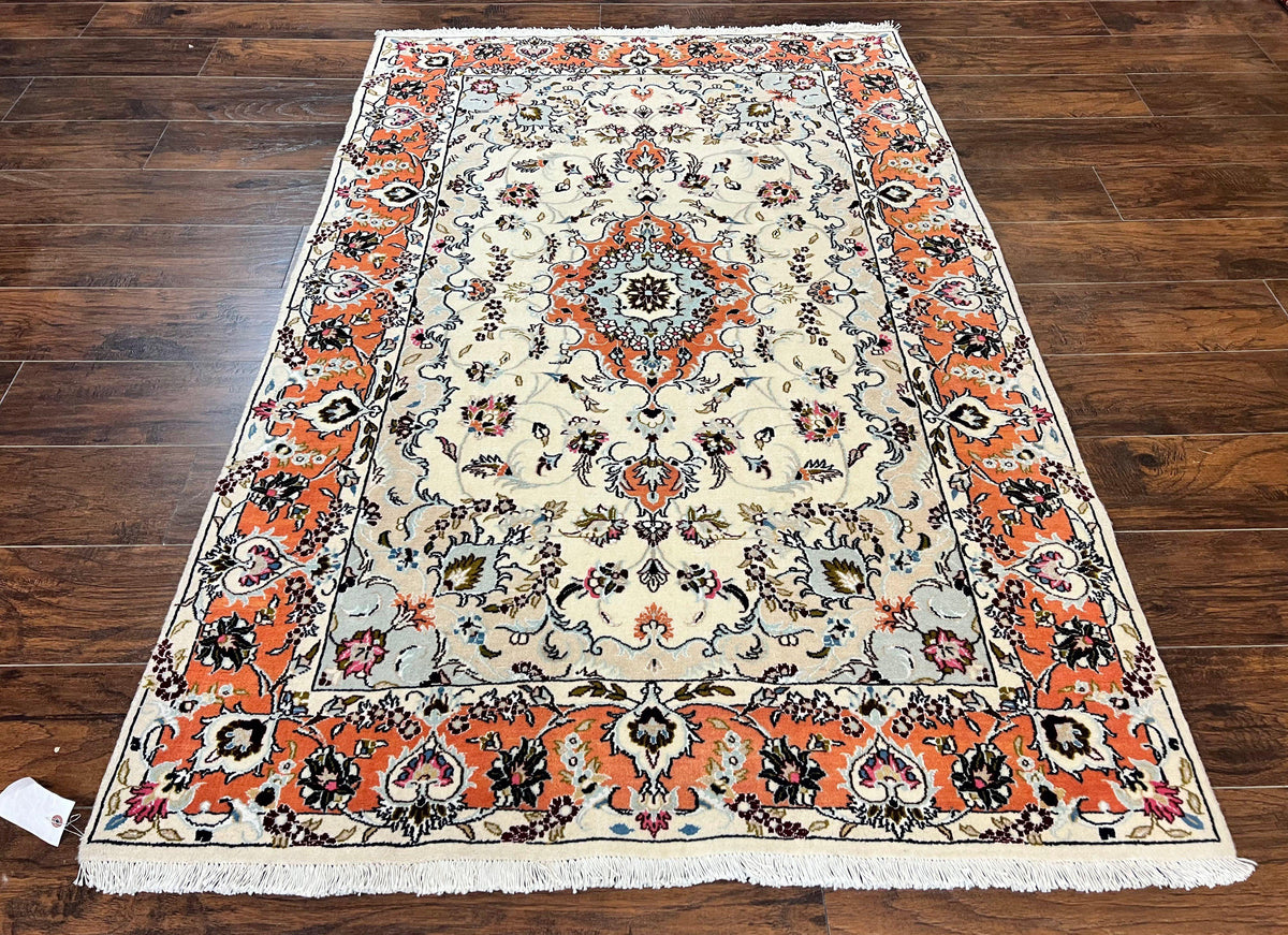 Persian Tabriz Rug 4.5 x 6.8, Finely Hand Knotted Wool with Silk Highlights Vintage Oriental Carpet, Cream and Salmon, High KPSI, Floral Medallion - Jewel Rugs, view 2