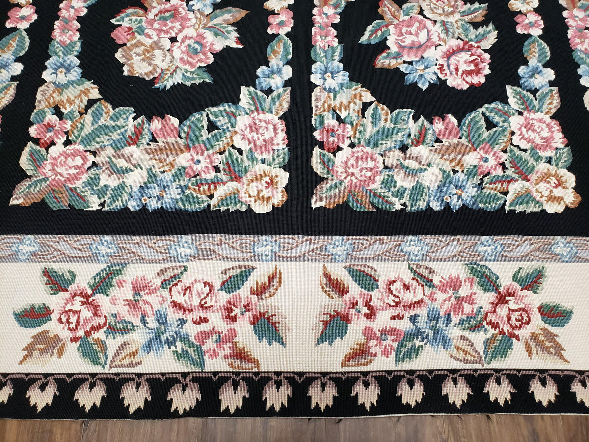 Floral Needlepoint Rug 9.5 x 13.6, Floral Panel Design, Black and Ivory Flatweave Aubusson Carpet, Multicolor - Jewel Rugs, view 6