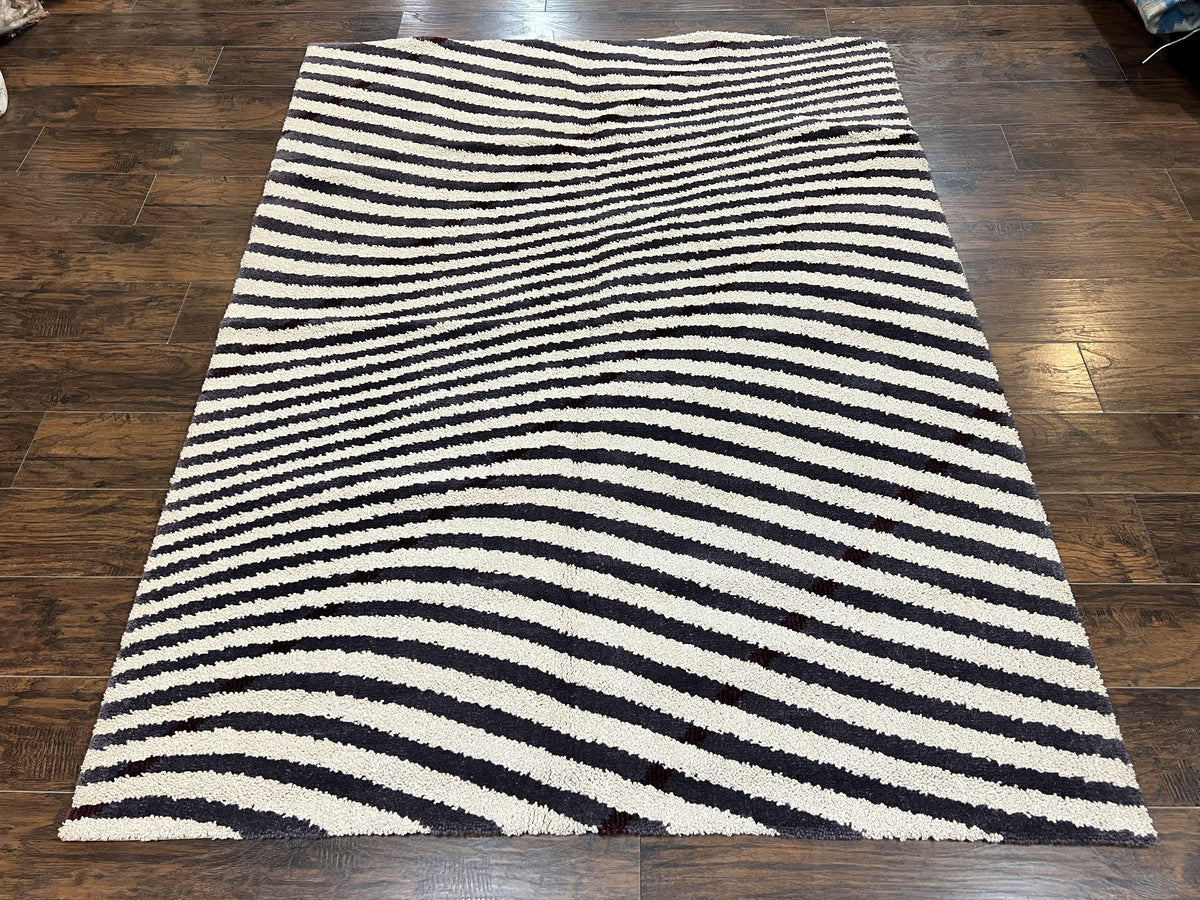 Vintage Zebra Stripes Shag Rug 5.7 x 7.4, Black and White, Retro, Wool - Jewel Rugs, view 13