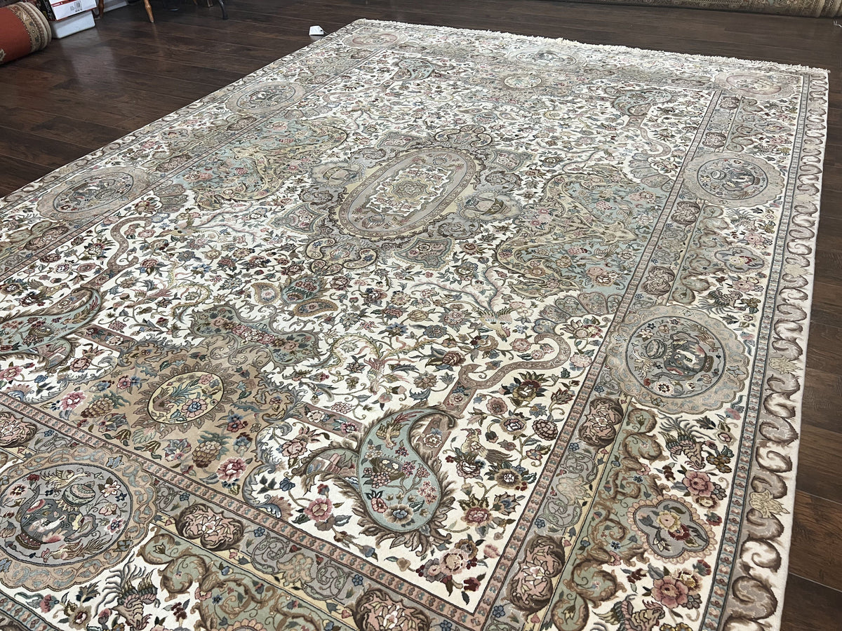 Sino Persian Rug 9x12, Wool on Silk Foundation Hand Knotted Ivory Vintage Carpet, Birds Design, Very Fine Room Sized Floral Oriental Rug - Jewel Rugs, view 2