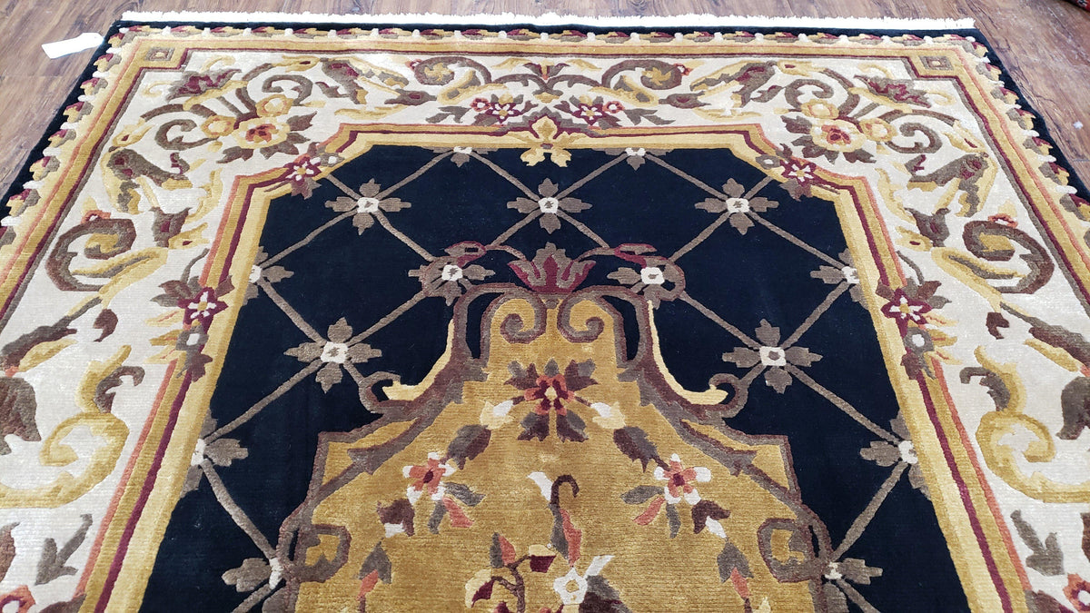 Nepal Rug 6x9, Nepalese Aubusson Area Rug 6 x 9, Hand-Knotted Wool Soft Pile Black & Beige Tibetan Aubusson New Carpet European Savonnerie - Jewel Rugs, view 12
