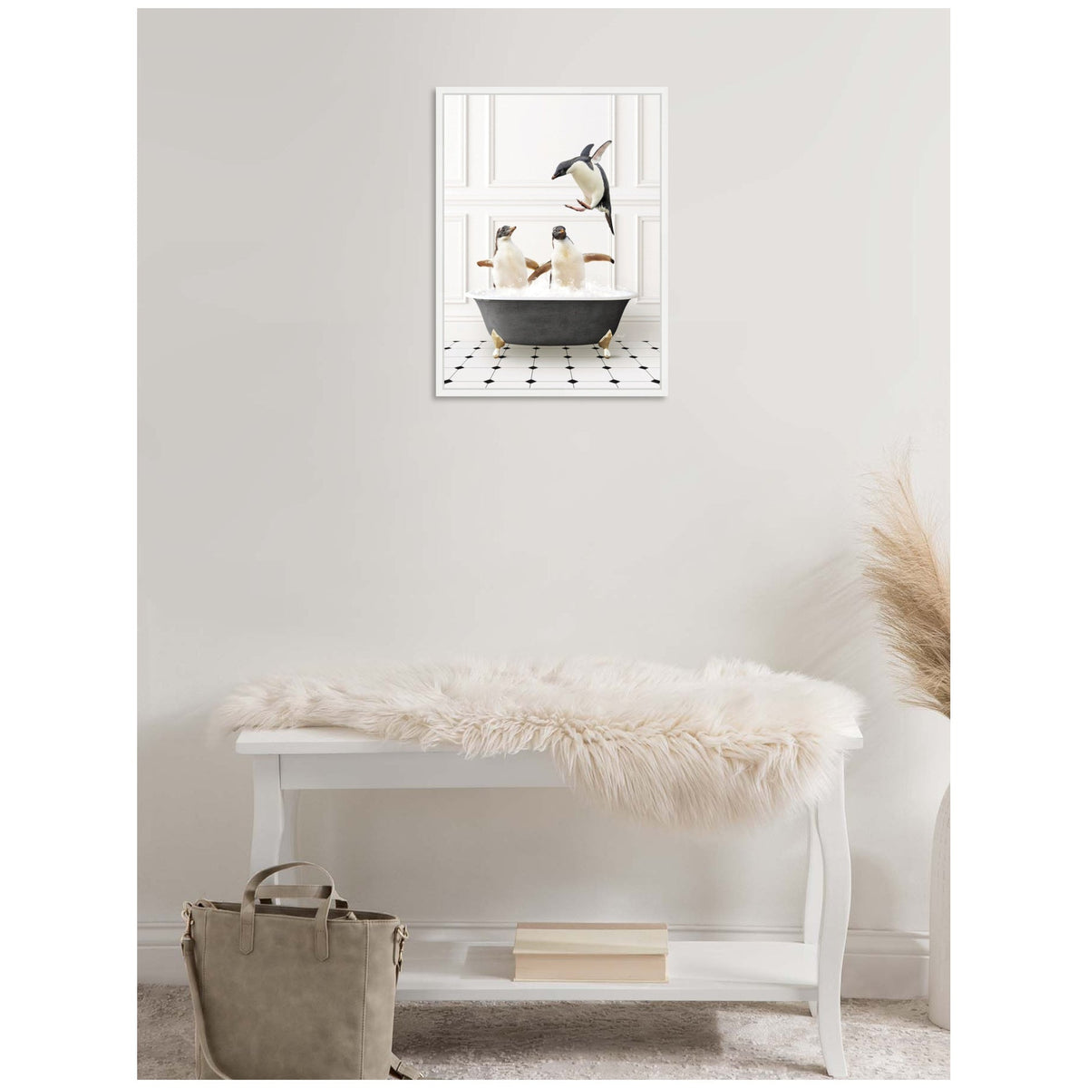 Sylvie Penguins in Classic Black and White Bath Framed Canvas by Amy Peterson