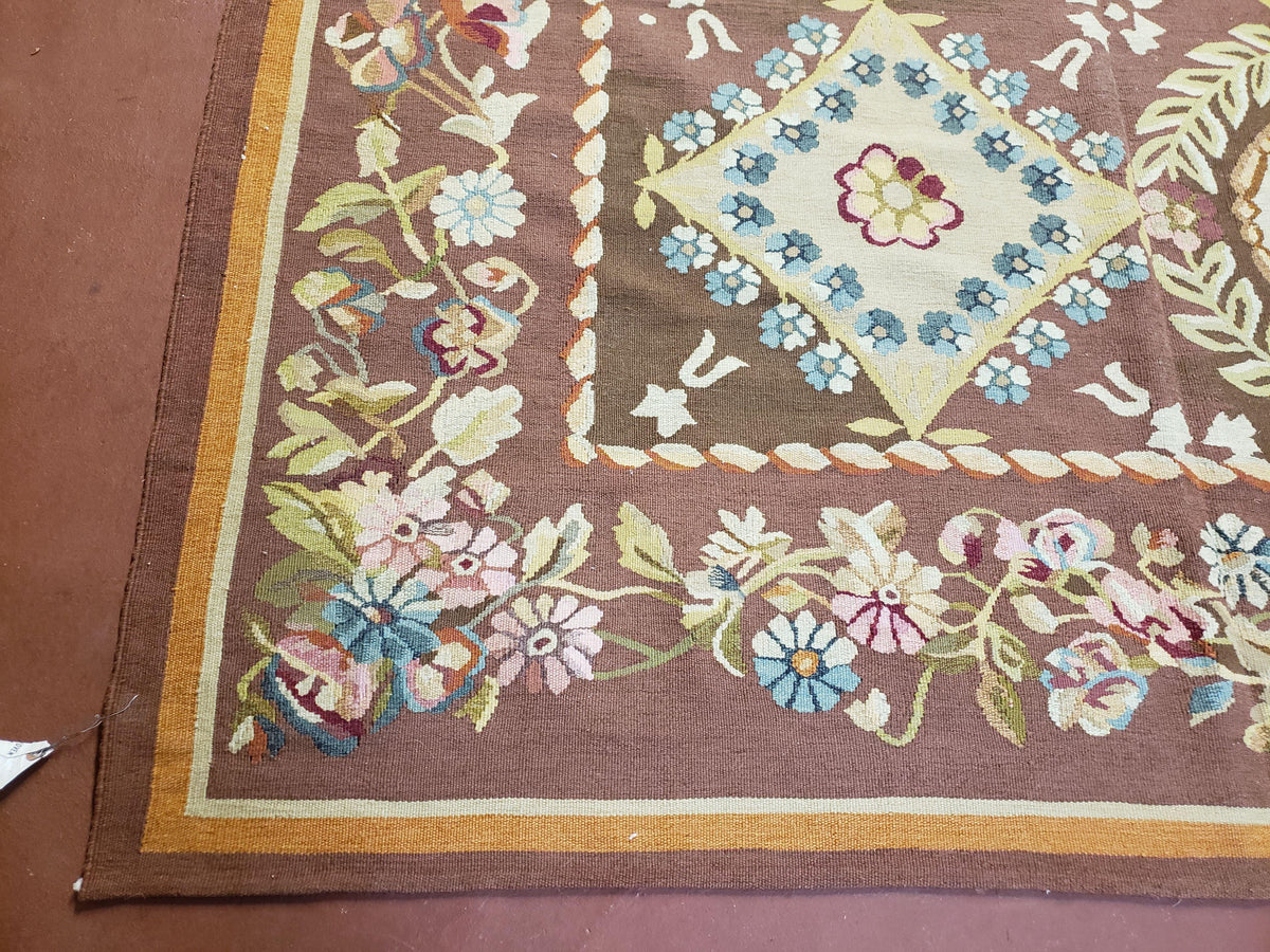 Aubusson Rug 6 x 9 Flat Weave Area Carpet European Design Flowers New Brown Rug Handmade Wool Hand-Knotted Aubusson Weave Medium Rug 6x9 - Jewel Rugs, view 9