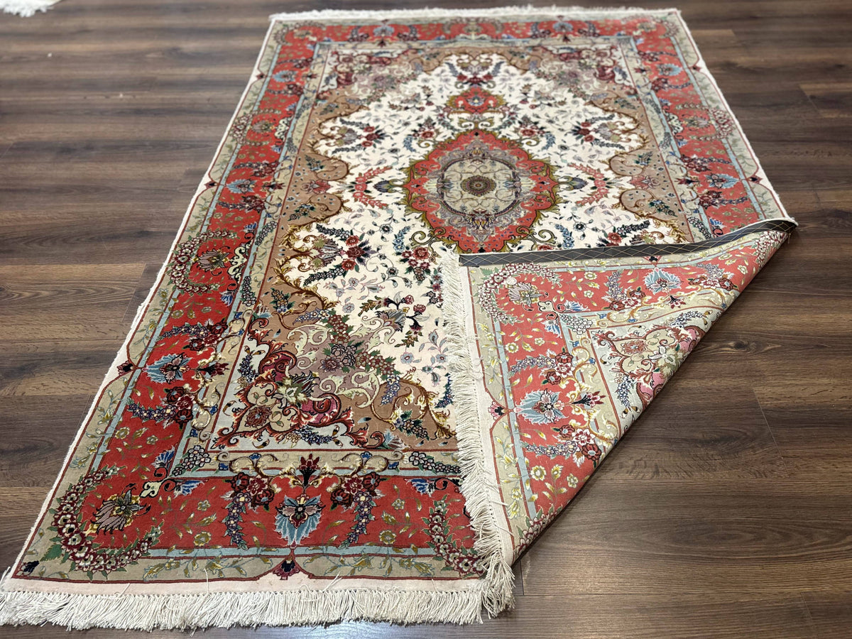 Wonderful Persian Tabriz Rug 5x7, Very Fine 440 KPSI, Ivory and Coral, Rare - Jewel Rugs, view 12