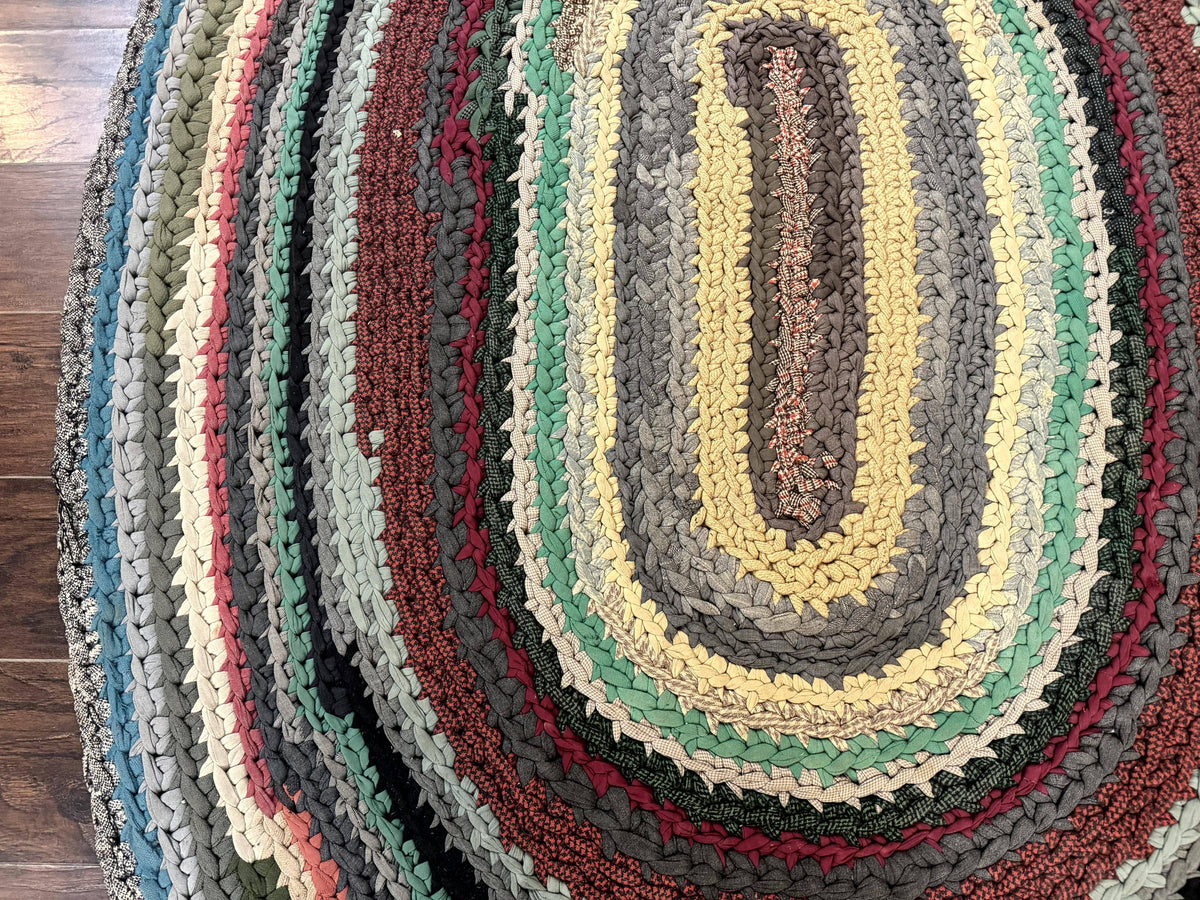 Antique American Braided Rug 5x7, Oval Multicolor Handmade Wool Braided Carpet - Jewel Rugs, view 7