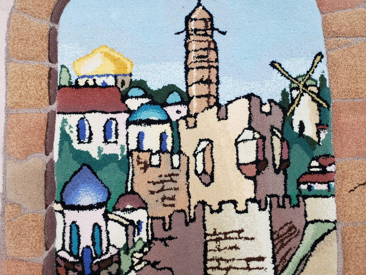 Small Judaica Rug, Rug with Jerusalem Pictorial, Chanuka Gift, Hand-Tufted, Jerusalem Gate, Vintage Judaica, Western Wall Rug, 3x4 Rug - Jewel Rugs, view 7