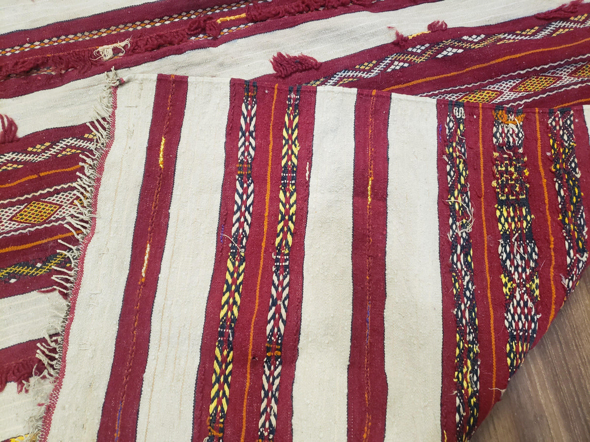 Antique Turkoman Yamud Rug 3x5 ft, 1920s Turkmen Sofreh Table Cover, Bohemian Rug, Tribal Collectible, Striped Rug, Handmade Ivory and Red - Jewel Rugs, view 11