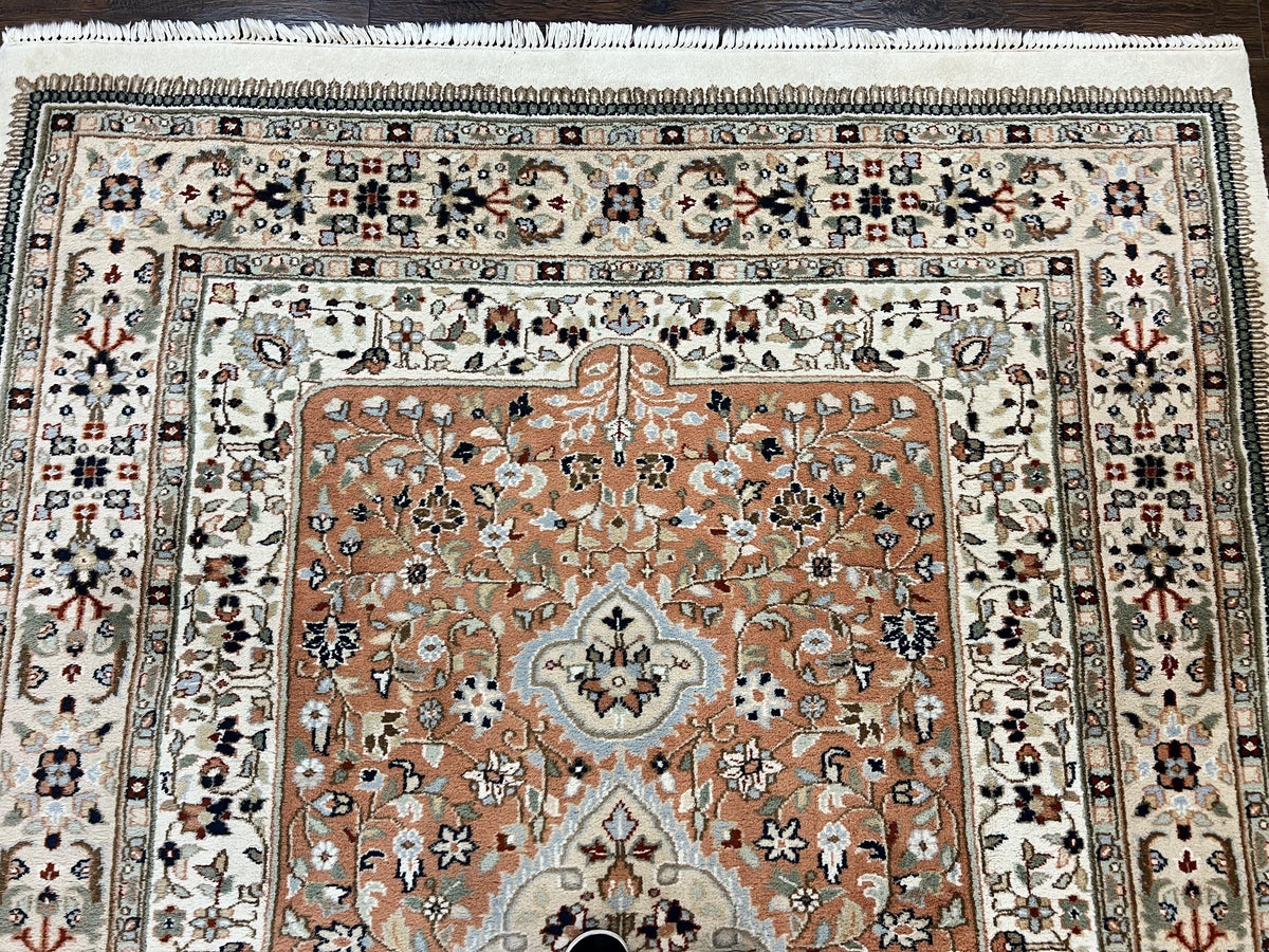 Indo Persian Rug 6x9, Wool Hand Knotted Vintage Carpet, Salmon & Ivory, Traditional Oriental Rug 6 x 9 - Jewel Rugs, view 4