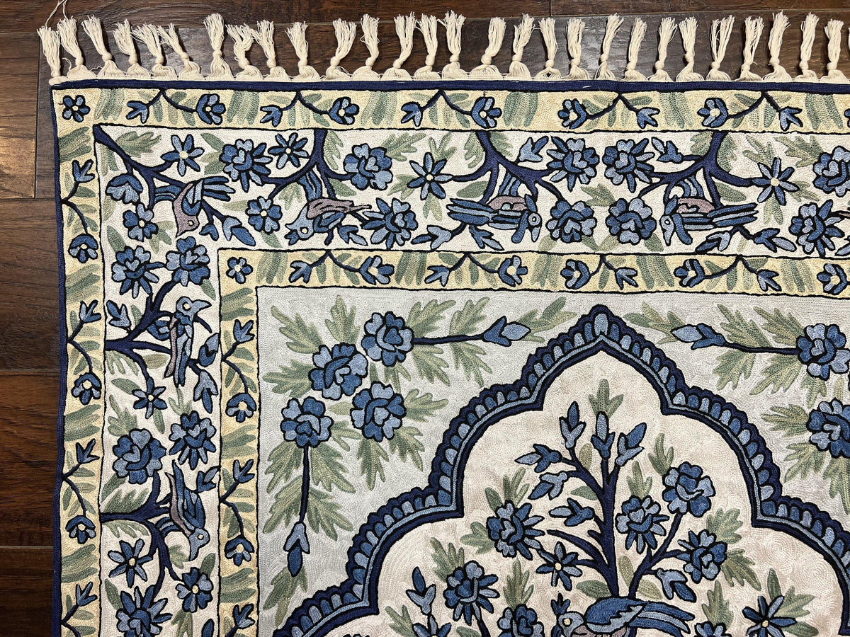 Tree of Life Indian Hand Stitched Rug 4x6, Indian Wall Hanging Rug, Ivory Blue, Silk on Cotton, Vintage - Jewel Rugs, view 7