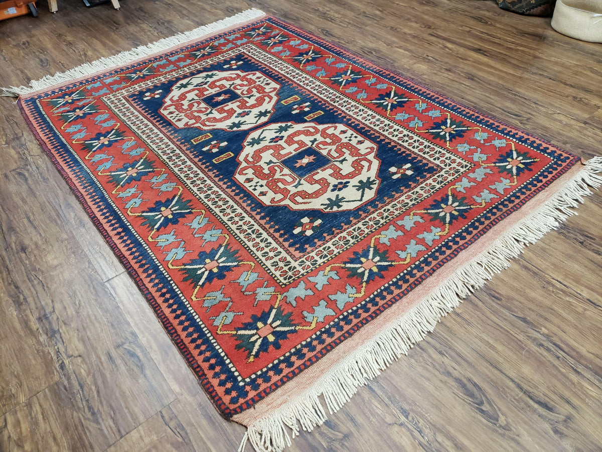 Turkish Kazak Rug 5x6 Vintage Handmade Wool Carpet Geometric Blue Red - Jewel Rugs, view 3