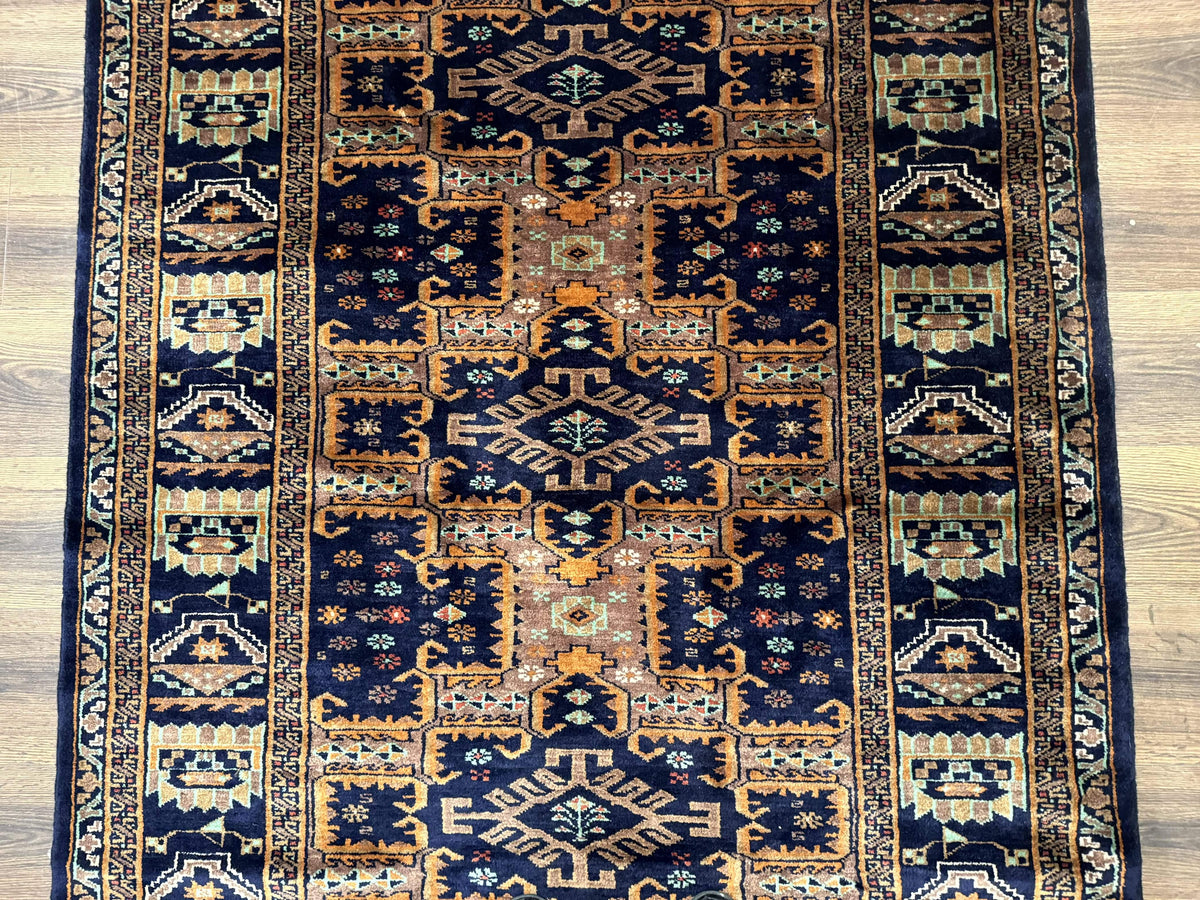 Vintage Afghan Rug 4x6, Navy Blue and Light Brown, Geometric Medallions, Wool on Wool, Tribal Rug - Jewel Rugs, view 5
