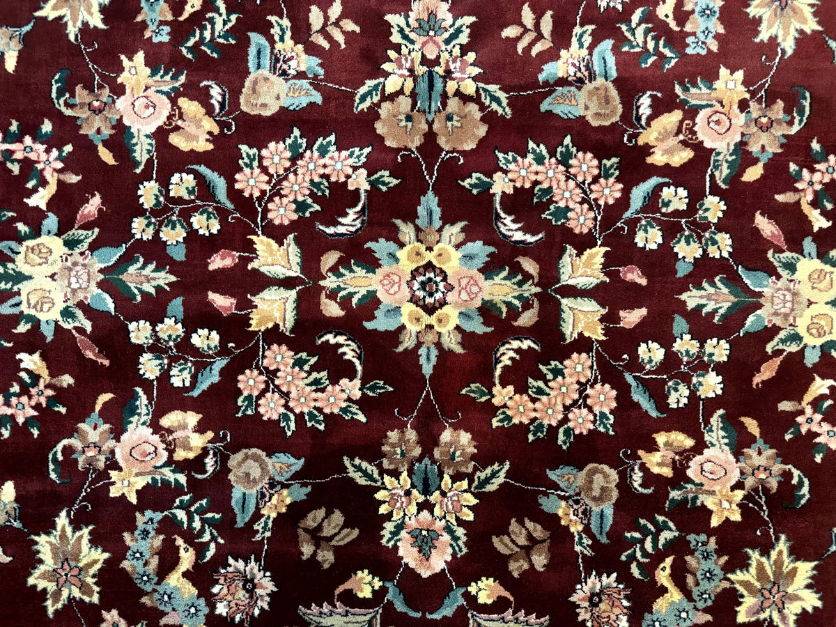 Indo Persian Rug 8x10, Floral Allover with Bird Pictorials, Maroon and Navy Blue, Handmade Wool Area Rug - Jewel Rugs, view 5