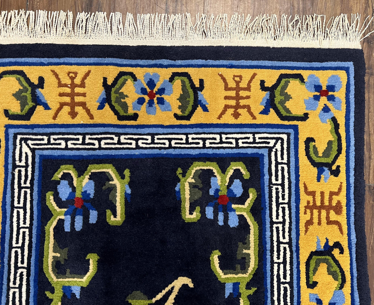 Chinese Art Deco Rug 3 x 5.9, Handmade Chinese Peking Carpet, Dark Blue and Gold, Medallion, Asian Oriental 3x6 Hand Knotted Vintage Rug - Jewel Rugs, view 8