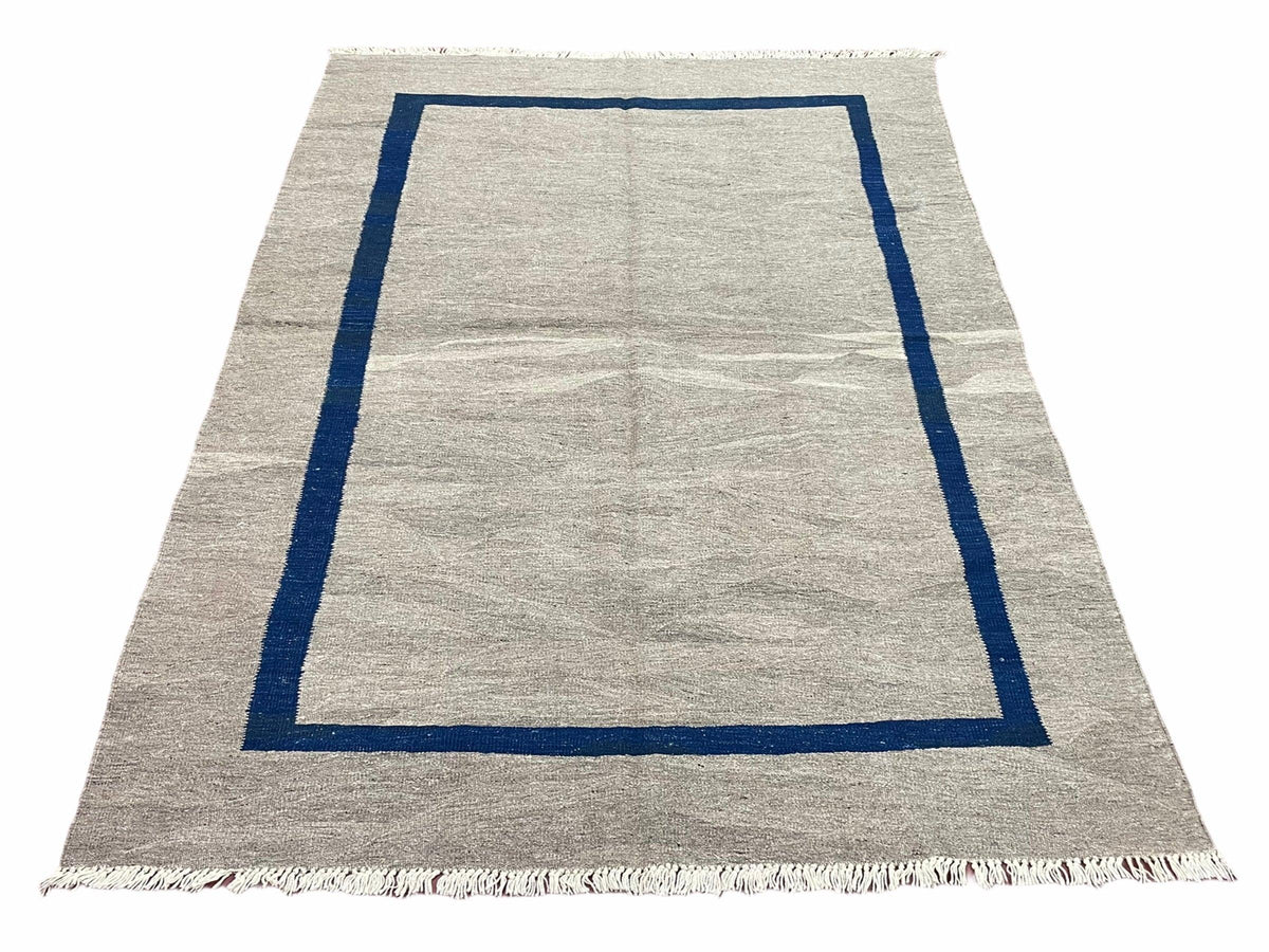 Geometric Turkish Kilim Rug 5' 7" x 7' 9", Flatweave Carpet, Minimal Design, Anatolian Carpet, Gray, Geometric, Dark Blue, Hand-Knotted, New - Jewel Rugs, view 2