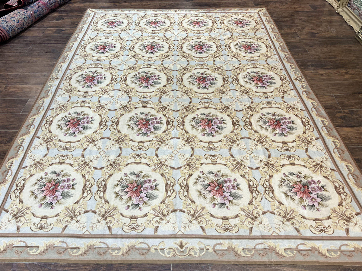 Chinese Needlepoint Rug 8x11, Handmade Wool Needlepoint Carpet, Vintage, Sky Blue - Jewel Rugs, view 13