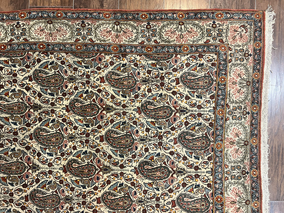 Persian Qum Rug 5x6, Cream Wool Hand Knotted Carpet, Repeated Boteh Paisely Design, Semi Antique Vintage Rug, Very Fine Weave 5 x 6 Rug - Jewel Rugs, view 7