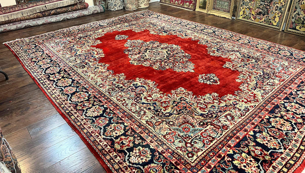 Persian Sarouk Rug 11x14, Semi Open Field, Large Antique Persian Wool Handmade Carpet, Red and Dark Blue, Floral - Jewel Rugs, view 2