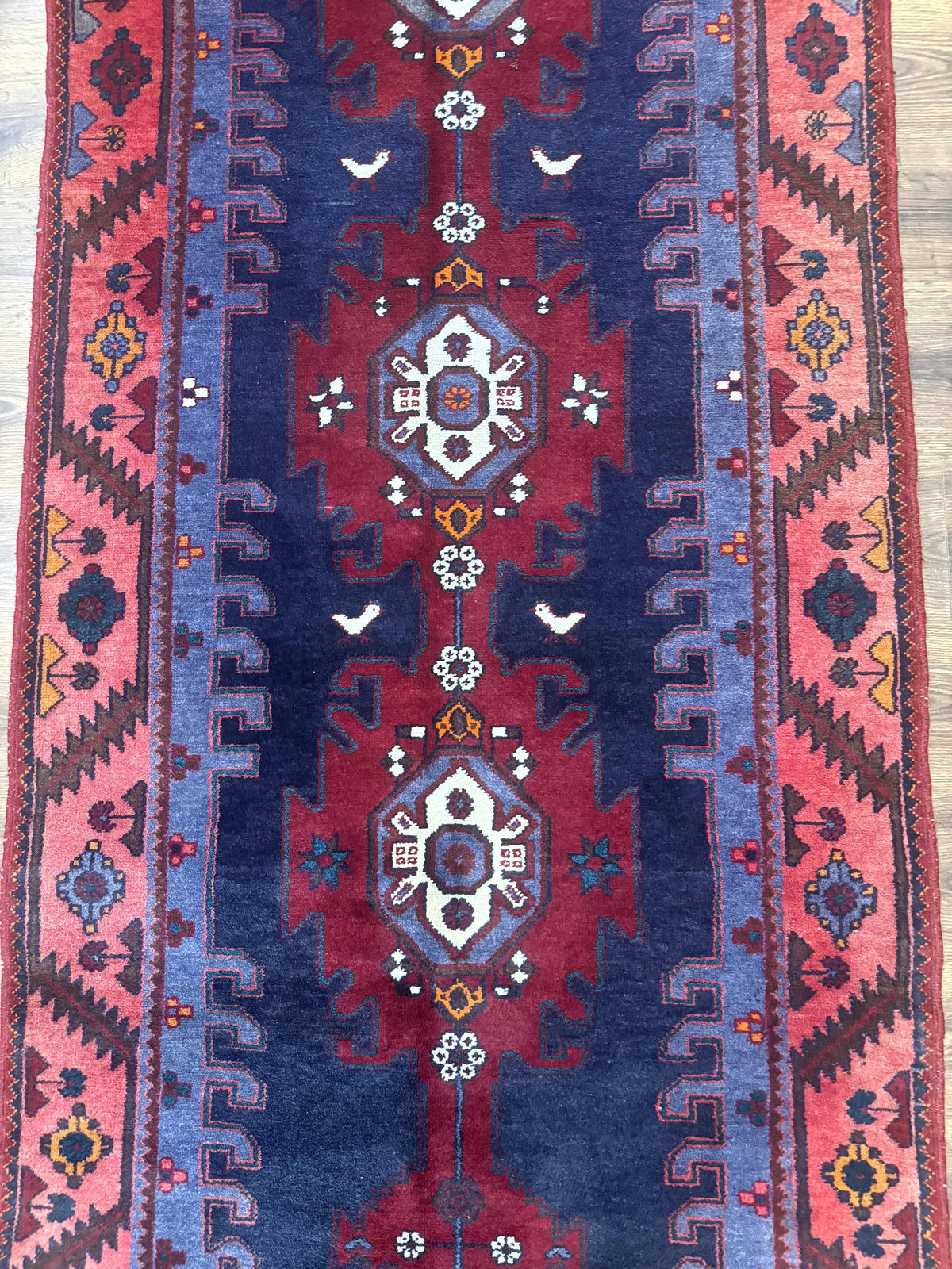Persian Karajeh Runner Rug 3.6 x 9.5, Geometric Medallions, Tribal Village Rug, Navy Blue, Handmade - Jewel Rugs, view 3