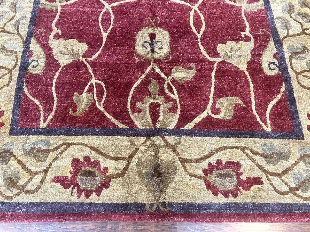 Tibetan Aubusson Rug 8x10, Maroon and Beige, Floral, Handmade, Wool, Vintage, Traditional Rug - Jewel Rugs, view 6