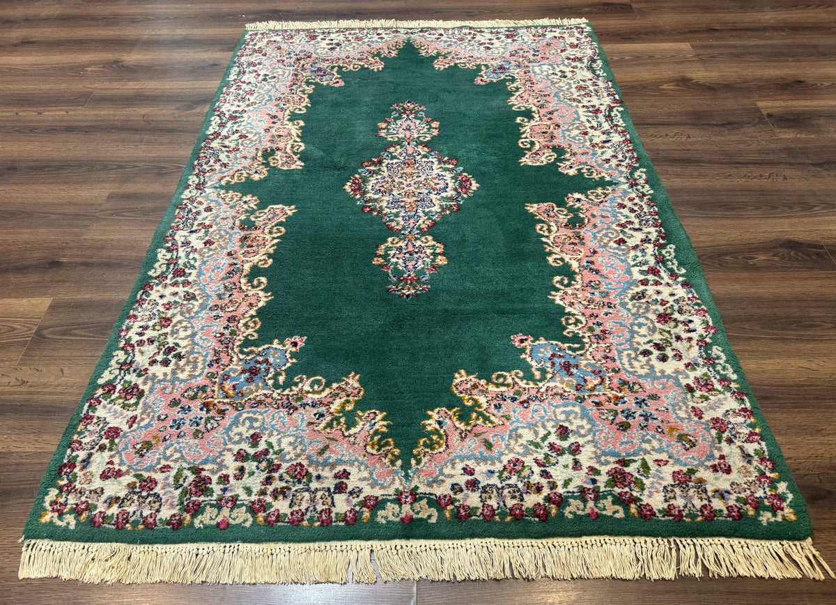 Persian Kerman Rug 4x6, Green Ivory Pink, Wool Vintage, Semi Open Field - Jewel Rugs, view 2