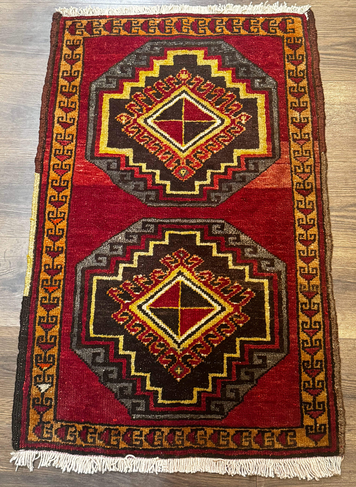 Small Antique Turkish Yastik Rug 2x3, Double Medallions, Geometric, Red, Wool - Jewel Rugs, view 2
