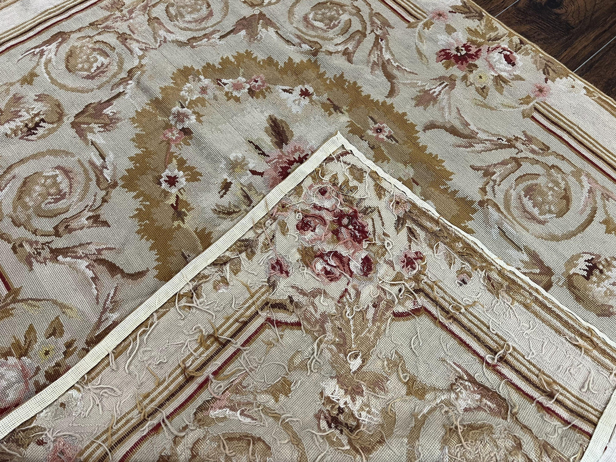 Aubusson Needlepoint Rug 4x5 ft, Beige and Tan, Aubusson Savonnerie Vintage Carpet, Handwoven Handmade Wool Rug, European Design Floral Rose - Jewel Rugs, view 11