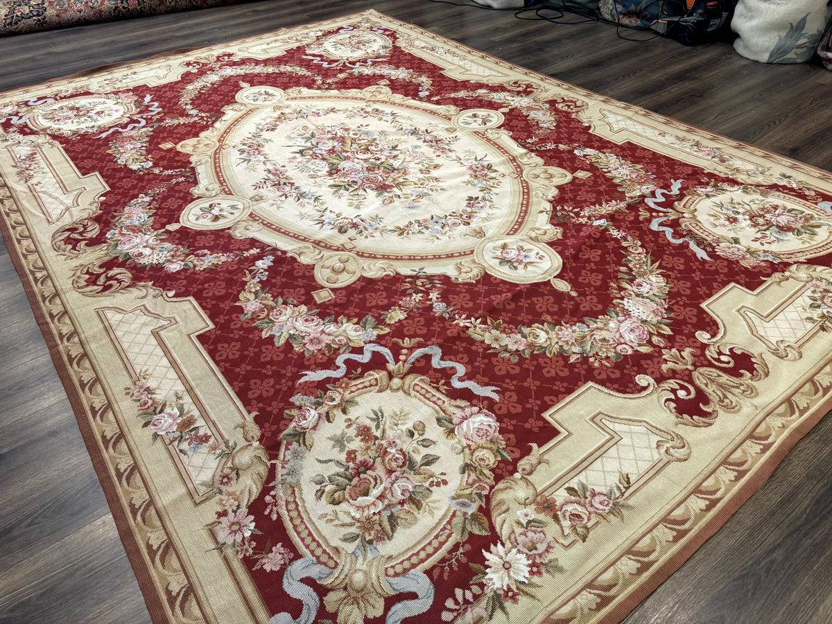 Aubusson Rug 8x11, Needlepoint Carpet, Red Ivory Beige, Vintage, French European Design - Jewel Rugs, view 13